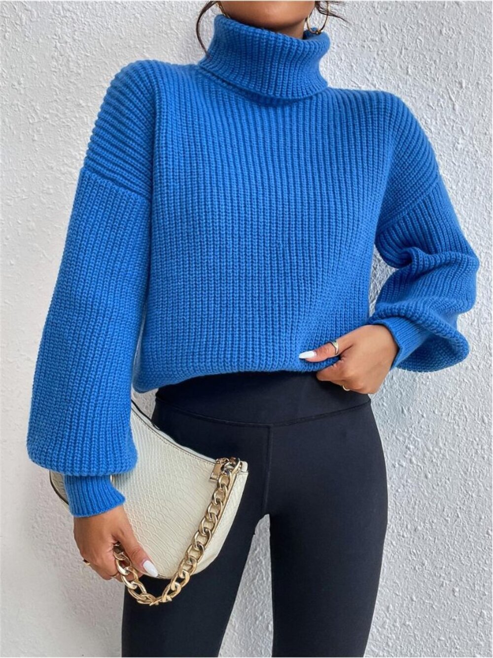 Ribbed Knit Turtleneck Dropped Shoulder Sweater, Long Sleeve Top - Picture 6 of 8